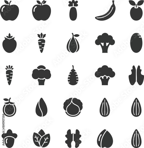 Collection of dark vector fruit and vegetable icons on a white background. Healthy eating concept showing fresh produce