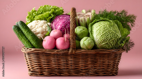 Assortment of fresh vegetables in a wicker basket on a pink background.
