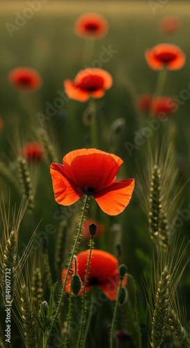 Red poppy flowers blooming peacefully in a sunny meadow, symbolizing calm and tranquil summer days, blooming, summer, flora