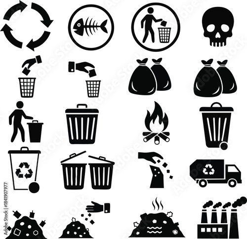 Collection of black and white vector icons representing waste management, recycling, trash, and pollution