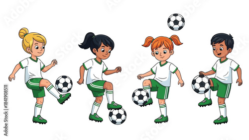 Four children in soccer uniforms are shown playing with soccer balls, with two balls in the air and two on the ground, against a white background.