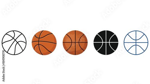 A collection of five basketballs, rendered in various styles including outlines, realistic textures, and solid colors, are displayed in a linear arrangement against a clean white background.