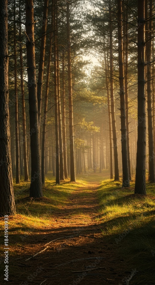 Naklejka premium A tranquil forest clearing bathed in warm dappled sunlight. Towering pine trees frame the peaceful natural scene ,atmosphere, woodland, calm