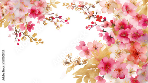 Wallpaper Mural 洗練された和風の花柄装飾。シンプルな白背景に金と花の華やかな装飾が映えるフレームデザイン。カード、招待状、ウェブデザイン、動画の背景としても活用可能な背景素材。 Torontodigital.ca