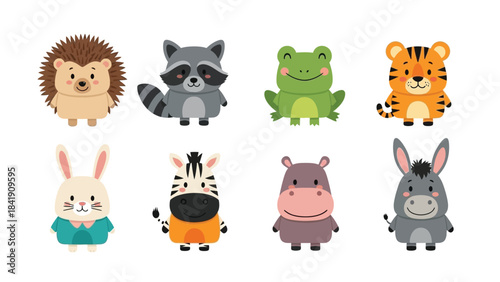 A collection of eight adorable, stylized cartoon animals, including a hedgehog, raccoon, frog, tiger, rabbit, zebra, hippopotamus, and donkey, are displayed against a clean white background.