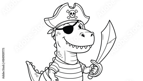 A cartoon dinosaur dressed as a pirate, complete with an eyepatch, pirate hat adorned with a skull and crossbones, and holding a cutlass, stands ready for adventure.