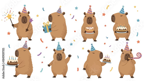 Several cute capybaras wearing party hats are celebrating a birthday with cakes, gifts, and confetti, creating a festive and joyful scene.