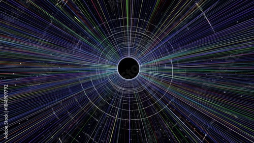 Abstract illustration depicts lines of colored light converging towards a central, black point