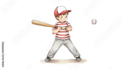A young boy in a striped shirt and baseball cap swings a bat at a baseball in this charming illustration.