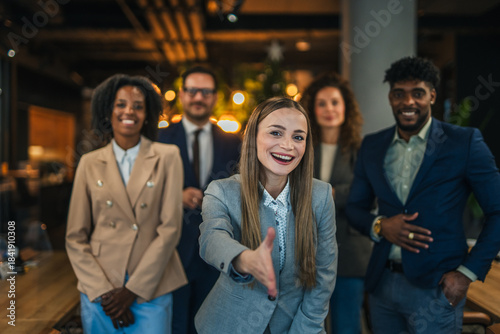 Принти на полотні Diverse business team welcoming new employees to the office