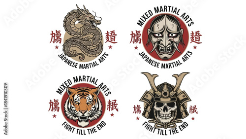 A collection of four circular emblems, each featuring a distinct martial arts-themed graphic: a dragon, a Japanese mask, a tiger, and a samurai skull, all designed with intricate detail and