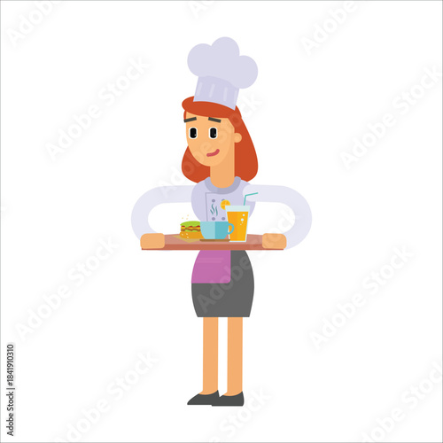 Female chef or waitress holding a serving tray with a burger and orange juice