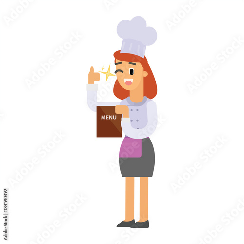 Female chef holding a menu card and pointing up. Concept of recommending a special dish