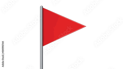 A single, bright red triangular flag is attached to a thin silver pole, set against a plain white background.