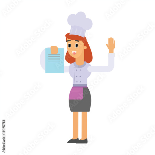 Female chef holding a menu or recipe paper and making a stop/wait gesture
