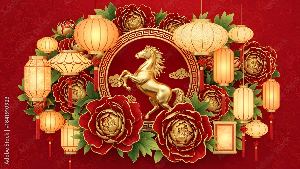 Fototapeta premium A vibrant Chinese New Year decoration featuring a golden horse, red peonies, and traditional lanterns against a red background.