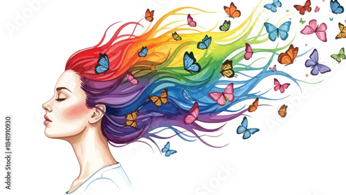 A woman's colorful hair flows like a rainbow, with butterflies fluttering around her head, symbolizing freedom and imagination.