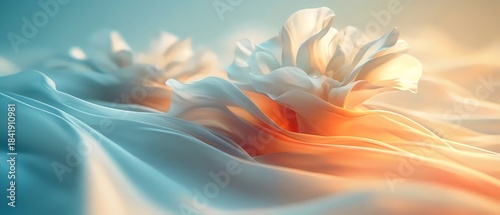 A serene abstract image featuring soft, flowing shapes resembling petals in gradient hues of blue and warm orange, creating a tranquil and dreamy atmosphere.
