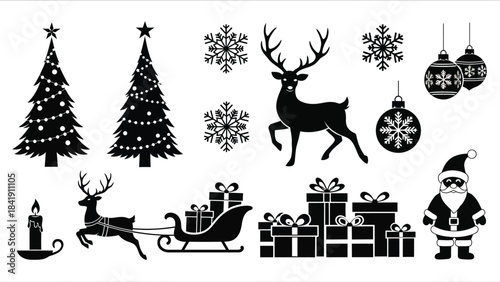 A collection of black silhouette Christmas-themed icons including Santa Claus, reindeer, Christmas trees, gifts, ornaments, snowflakes, and a candle.