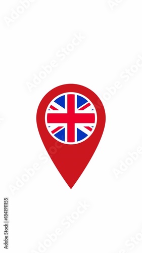 Animated location pointer with The United Kingdom flag. GPS location pointer motion. Geolocation mark for the map. Pinpoint symbol for website, gps navigator, apps. Transparency embedded in video.