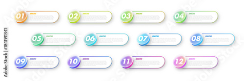 Bullet points numbers set 1 to 12 list markers glassmorphism. Infographic boxes with numbers for timeline, process, sequential processes, annual highlights