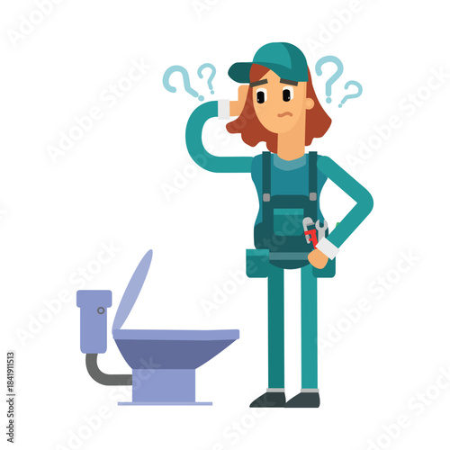 Confused female plumber scratching her head next to a toilet. Concept of plumbing problem