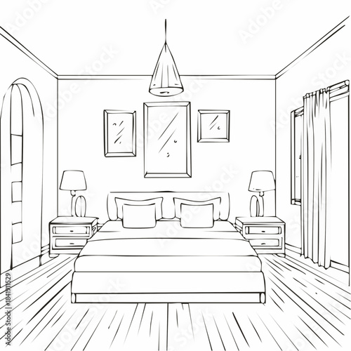 Elegant Bedroom Interior Sketch: A Serene Sanctuary of Comfort and Style with Furniture