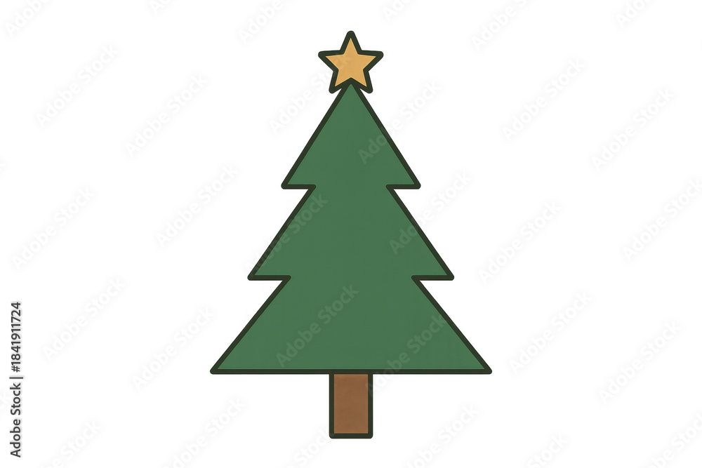 Fototapeta premium Christmas tree icon featuring simple green branches and a brown trunk, topped with a yellow star on a transparent background