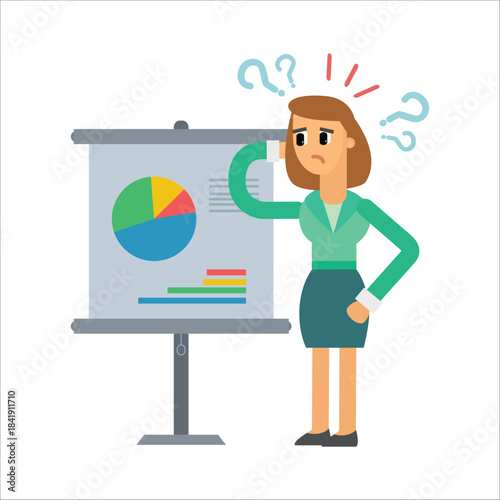 Confused businesswoman scratching her head with question marks next to a business chart