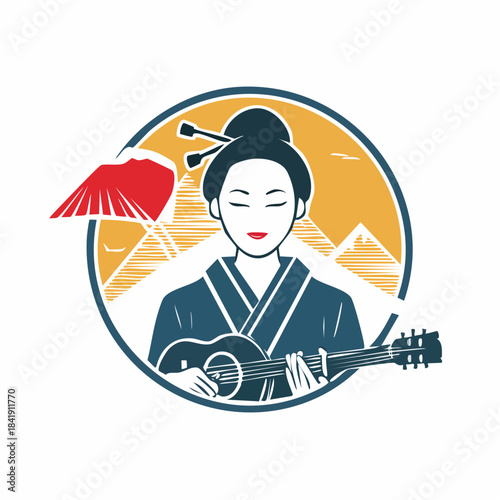 Elegant geisha playing ukulele with fuji mountain backdrop vintage style art