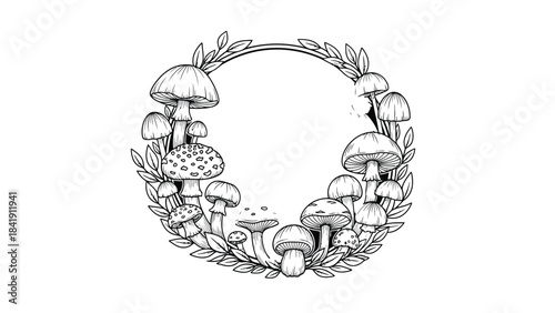 A circular arrangement of various mushrooms and leaves forms an illustrative border on a white background.