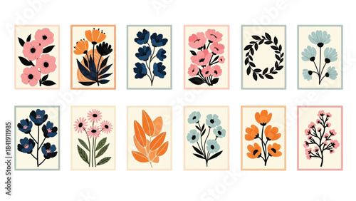 A collection of framed abstract floral illustrations with a minimalist, modern aesthetic, displayed in a grid layout.