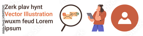 Digital communication, email security, business correspondence, user identification, online messaging, network privacy. Magnifying glass over an envelope, person holding a tablet, profile icon