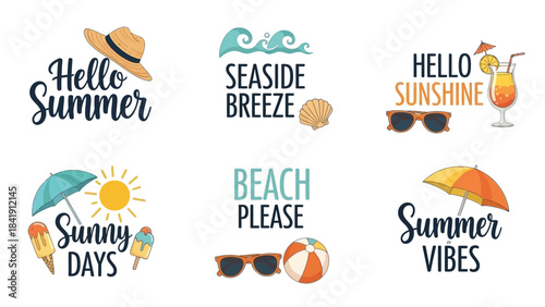 A collection of six different summer-themed graphic design elements, each featuring unique typography and associated imagery like hats, sunglasses, cocktails, ice cream, beach balls, and umbrellas,