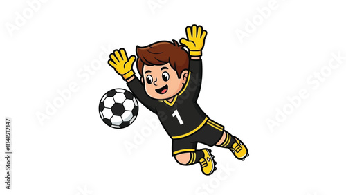 A cartoon illustration of a young boy playing soccer as a goalkeeper, diving to catch a ball.