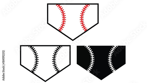 Three stylized home plate designs are displayed, each featuring the iconic stitching of a baseball, representing different color variations and graphic styles.