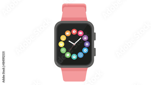 A modern smartwatch with a colorful circular display and a pink band is shown against a white background.