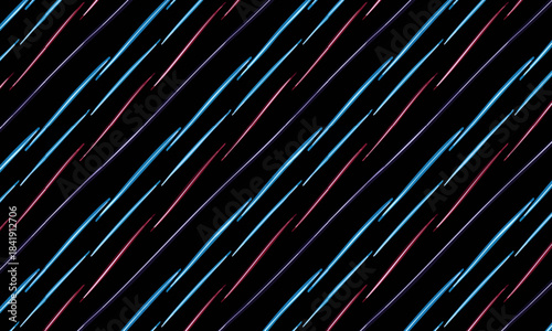 Seamless neon rain pattern, Abstract black background with glowing blue and pink diagonal dashed lines