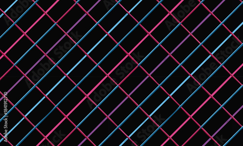 Seamless neon grid pattern, Abstract black background with glowing blue and pink diagonal crosshatch lines