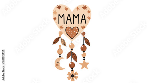 A boho-style decorative heart with the word 'MAMA' prominently displayed and adorned with celestial and floral charms, symbolizing maternal love and protection in a whimsical artistic representation.
