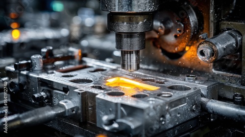 Closeup of zinc die casting machine shaping intricate automotive parts with molten zinc alloy in industrial workshop environment.