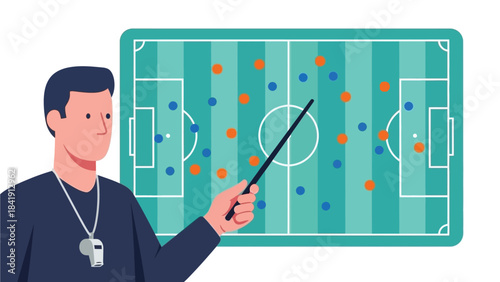 A male coach gestures with a stick towards a soccer field diagram, explaining a strategy to his team.