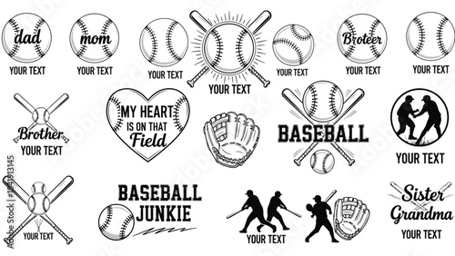 A collection of baseball-themed graphic elements and icons, featuring stylized baseballs, bats, gloves, and text placeholders for personalization, suitable for sports apparel and merchandise.
