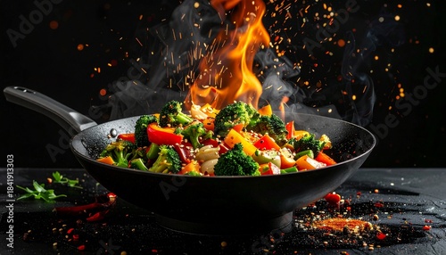 Stir-fried vegetables in wok with fire sparks, motion blur, high contrast, text area on top