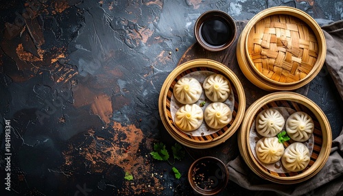 Authentic Chinese dumplings steaming in bamboo baskets, rustic background, top view, soft light, space for text