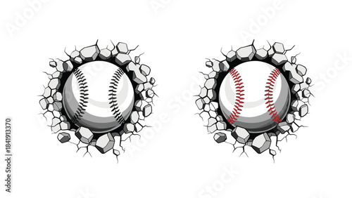 Two baseballs bursting through a cracked surface, one with red stitching and the other with black stitching, on a white background.