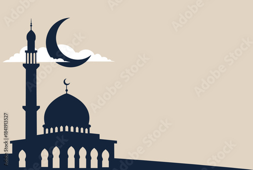 Silhouette of a mosque with a minaret and crescent moon against a light background, symbolizing Islamic culture and religious observances.