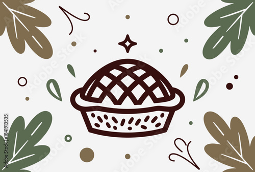 Stylized illustration of a delicious baked pie with a lattice crust, surrounded by autumn leaves and decorative elements in earthy tones.