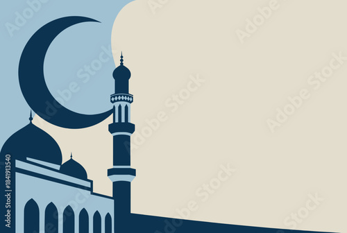 Stylized graphic illustration of a mosque silhouette with domes and a tall minaret under a large crescent moon, set against a two-tone blue and beige background.
