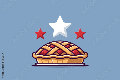 A cartoon illustration of a classic cherry pie with a lattice crust on a plate, topped with a large white star and two smaller red stars, set against a light blue background.